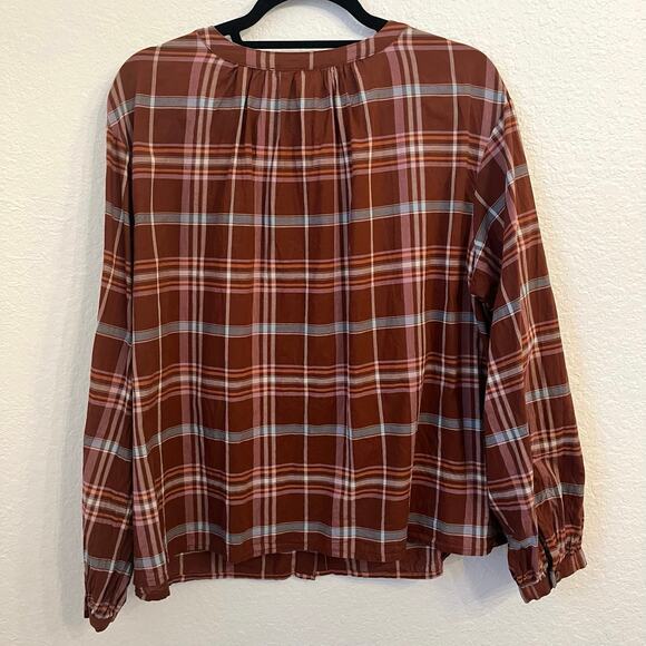 a.n.a. Peasant Blouse Size 0X Brown Plaid Button Front Fall Casual Cotton Boho - Picture 5 of 9